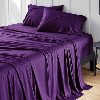 Bedsure King Size Sheets Set, Cooling Sheets for Hot Sleepers, Rayon Derived from Bamboo, Breathable & Soft, Deep Pocket Up to 16 Inches, Hotel Luxury Silky Bedding, Plum