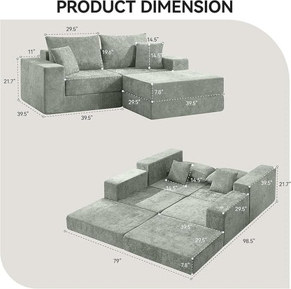 Boneless Sectional Loveseat Couch with Ottoman, Convertible Modular Floor Sleeper Sofa Bed, Comfy Foldable Compression Love Seat Sofa for Living Room, No Assembly, Green