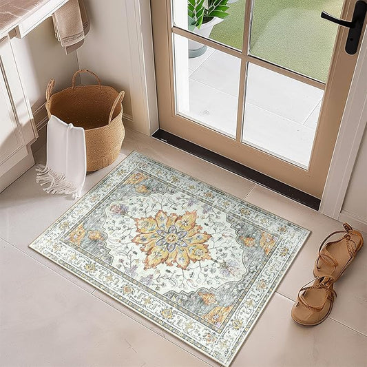 Area Rugs 2'x3' Washable Non-Slip, Floral Vintage Distress Print Pattern Medallion Carpet for Living Room Bedroom Dining Room, Light Yellow Carbon Grey Orange