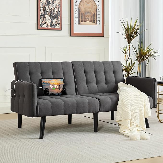 TYBOATLE 65“ Convertible Futon Sofa Bed w/ 2 USB, Upholstered Tufted Small Adjustable Folding Couch Loveseat, Modern Mid Century Sleeper Sofa for Living Room, Bedroom, Apartment, Office (Dark Grey)