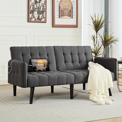 TYBOATLE 65“ Convertible Futon Sofa Bed w/ 2 USB, Upholstered Tufted Small Adjustable Folding Couch Loveseat, Modern Mid Century Sleeper Sofa for Living Room, Bedroom, Apartment, Office (Dark Grey)