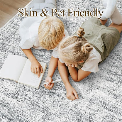 5x7 Area Rugs Gray Low Pile Indoor Washable Trendy Faded Style Rugs for Bedroom Living Room Dining Room Foldable Non-Slip Thin Grey Print Mat