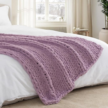 Chunky Knit Throw Blanket 50"X 60", 100% Handmade with Soft Chenille Yarn, 4.4lbs Thick Cable Knitted Blankets, Large Rope Knot Crochet Throws for Couch Sofa Bed Home Decor, Purple