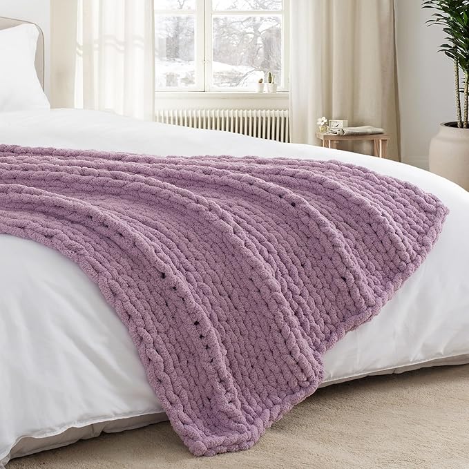 Chunky Knit Throw Blanket 60"X 80", 100% Handmade with Soft Chenille Yarn, 4.4lbs Thick Cable Knitted Blankets, Large Rope Knot Crochet Throws for Couch Sofa Bed Home Decor, Purple