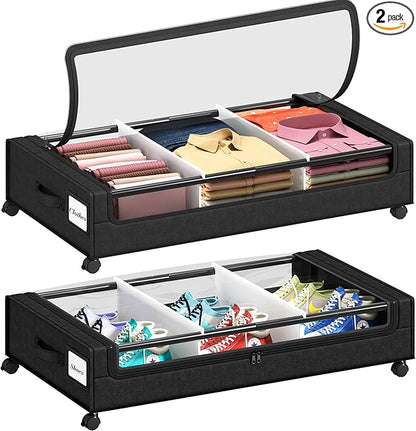 2 Pack Under Bed Storage with 4 Dividers, Large Under Bed Storage Containers with Wheels for Clothes, Shoes, XXL Rolling Underbed Storage Organizer Bins with Clear Lids and Handles