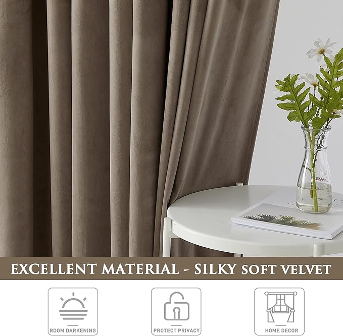 StangH Taupe Curtains 90 inches Long, Super Soft Velvet Room Darkening Window Treatment Noise Reducing Door Panels for Patio Bedroom, W52 x L90, 2 Panels