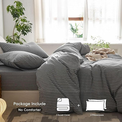 MooMee Striped Duvet Cover Set 100% Washed Cotton Linen Like Textured Breathable Durable Soft Comfy (Dark Grey White Wide Stripes, Queen 90"x90")
