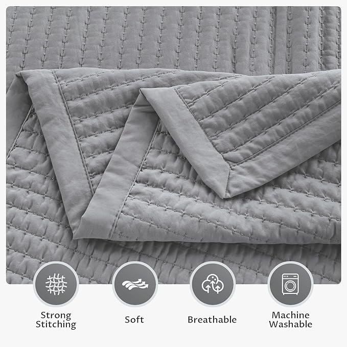 Kasentex KWX1804-GY Quilt Mini Set-Stone Washed-Super Soft Bedspread-Light Weight-White Down Alternative Microfiber Fill-Machine Washable-Solid Colors, Twin + 2 Shams, Grey