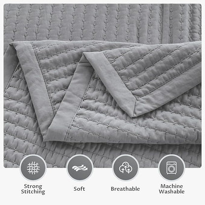 Kasentex KWX1804-GY Quilt Mini Set-Stone Washed-Super Soft Bedspread-Light Weight-White Down Alternative Microfiber Fill-Machine Washable-Solid Colors, Twin + 2 Shams, Grey