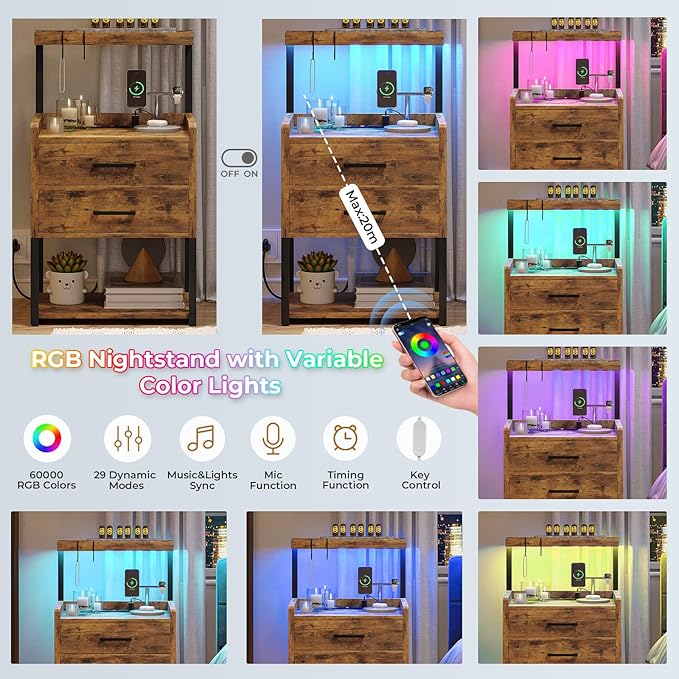 VIAGDO Nightstand with Charging Station and LED Lights, Rustic Brown Bedside Night Stands with 2 Drawers and Open Storage Shelves, Modern End Side Tables for Bedroom,Office
