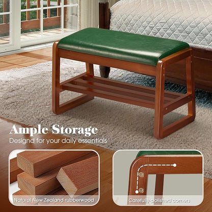 HABUTWAY Solid Wood Shoe Rack, Entryway Shoe Bench with Cushion, 2 Tier Shoes Organizer for Entryway, Hallway, Living Room-(Green,21.65"-S)