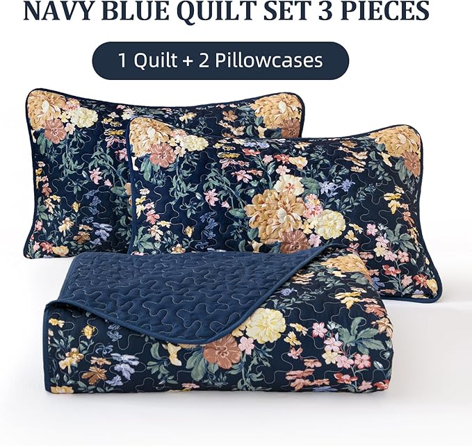 WONGS BEDDING Quilt King Size, Navy Blue Quilt Bedding Set with 2 Pillowcases, Botanical Quilt for King Bed, Soft Microfiber Lightweight Coverlet Bedspread for All Season (110"×90", 3 Pieces)