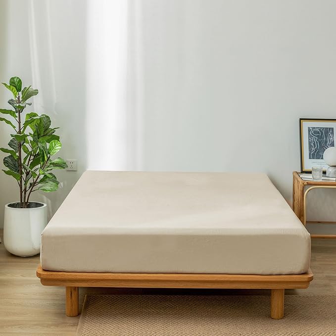 MooMee Fitted Bottom Sheet Only 100% Washed Cotton Linen Like Textured Breathable Durable Soft Comfy Deep Pocket Fits Mattress up to 17" (Almond Milk Grey, Queen)