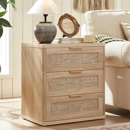 LEYAOYAO Rattan Dresser and Nightstand Set of 2, Boho Wood Dresser for Bedroom with 6 Drawers and Night Stand with 3 Drawer, Bedroom Furniture, Dressers & Chests of Drawers, Living Room, Hallway