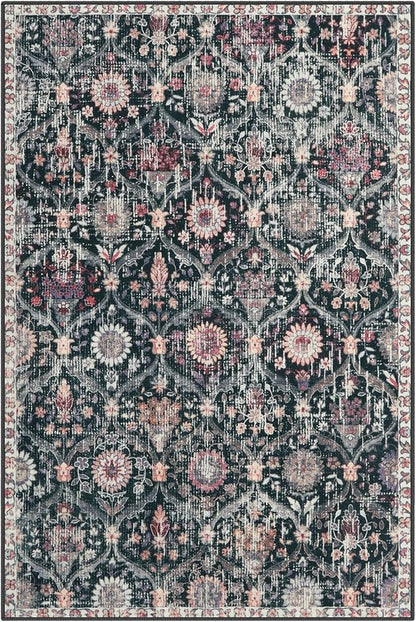 Lahome Moroccan Machine Washable Rugs for Living Room, 4x6 Rug for Bedroom Non-Slip Vintage Trellis Ultra-Thin Throw Carpet for Dining Room Office Nursery, Black/Multi
