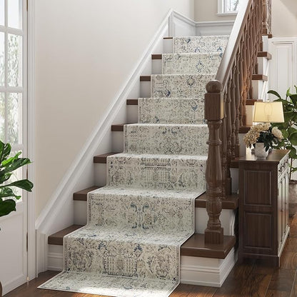 jinchan Kalen Runner Rug 2x10 Washable Hallway Rug Vintage Indoor Thin Retro Floor Cover Floral Country Lightweight Non Slip Carpet for Entryway Bathroom Kitchen Bedroom Living Room Stairway Blue