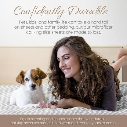 Linen Market Double-Brushed Patterned Microfiber California King Sheet Set 4 Piece – Oeko-TEX Certified Ultra Soft & Wrinkle-Free - 16" Deep Pocket Sheets Easy Care Cal-King Size - Chevron Light Gray