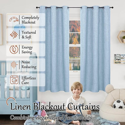 Baby Blue Linen Blackout Curtains for Nursery 63 Inch Length 2 Panels Set, Thermal Insulated Boho Total Black Out Noise Reducing Bonzer Grommets Window Curtains for Kids Bedroom, Each 38 Inch Wide