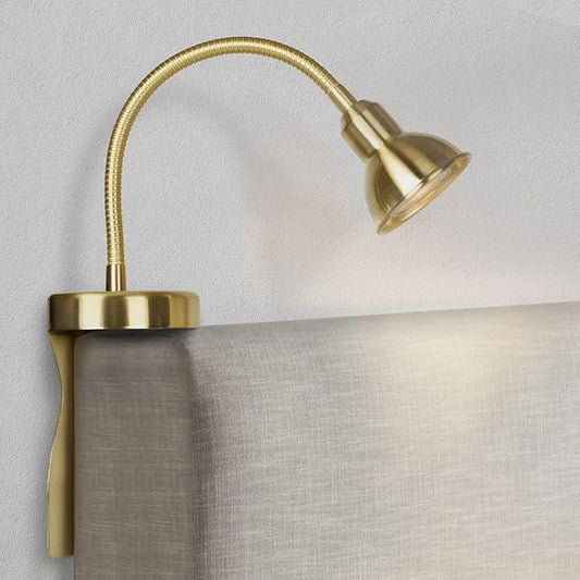 Solfres Patented Innovative Design Headboard Reading Light. No Drilling Golden Book Light for Bedtime Reading. Dimmable LED Book Reading Lamp with Bulb. Movable & Flexible, Gold