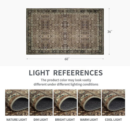 3x5 Vintage Washable Area Rug for Living Room,Low Pile Non Slip Carpet Non-Shedding Small Area Rug Soft Indoor Stain Resistant Rug Floral Print Mat for Bedroom Dining Room Brown Floral
