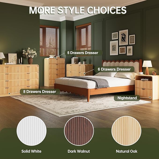 FURSUN Fluted 6 Drawers Dresser for Bedroom, 54" Wide Wooden Dresser with Metal Handle, Curved Profile Design, Modern Storage Organizer for Bedroom, Living Room, Hallway, Natural Oak