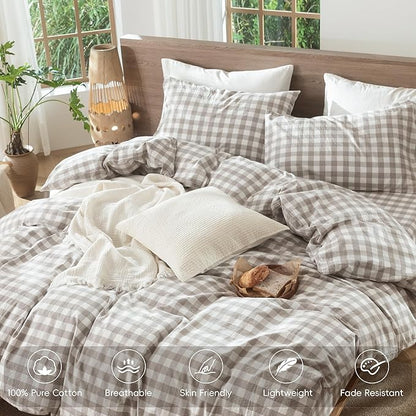 MooMee Gingham Duvet Cover Set 100% Washed Cotton Linen Like Textured Breathable Durable Soft Comfy Modern Checkered Design (Buffalo Plaid Tannish Linen Grey, Palatial King/Oversized King 120"x98")