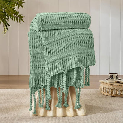 Boho Knitted Chenille Blanket with Tassels - Lightweight & Soft All-Season Throw - 3D Classic Pattern for Living Room Bedroom Couch, Sage Green, Throw 50"x60"