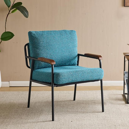VINGLI Mid-Century Modern Accent Armchiar for Small Space, Small Comfy Upholstered Leisure Reading Chair with Wood Armrest for Bedroom, Living Room, Waiting Room, Linen Teal