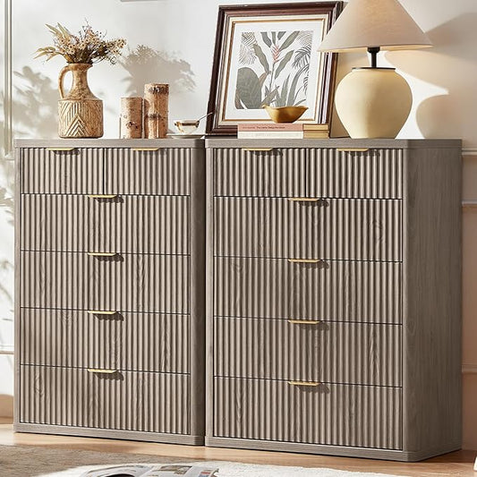 LEYAOYAO Fluted 6 Drawers Dresser for Bedroom Set of 2, 42" Tall Modern Chest of Drawers with Metal Handle, Curved Profile Design,Grey Wood Drawer Organizer for Bedroom, Living Room, Hallway
