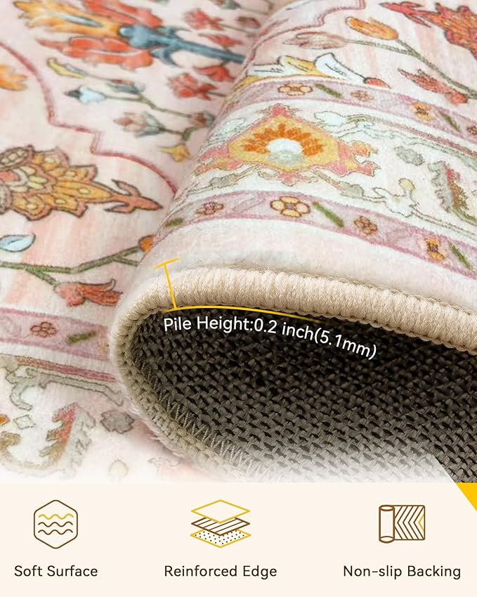 Area Rugs 4ft Washable Non-Slip, Floral Vintage Distress Print Pattern Medallion Carpet for Living Room Bedroom Dining Room, Light Pink Colorful