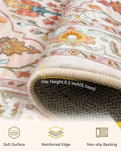 Area Rugs 2'x3' Washable Non-Slip, Floral Vintage Distress Print Pattern Medallion Carpet for Living Room Bedroom Dining Room, Light Pink Colorful