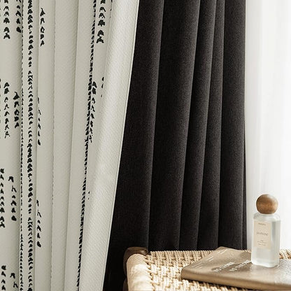 100% Boho Blackout Curtains 90 Inches Long for Bedroom, Black on Beige Patterned Bohemian Curtains for Living Room, Geometric Striped Thermal Insulated Window Drapes Gromment Top 2 Panels
