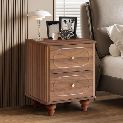 ORRD 2 Drawer Fluted Mini Small Dresser for Bedroom Set of 2, Mid Century Modern Nightstand Bedside End Table, Wood Storage Dresser Organizer for Bedroom Living Room, Walnut