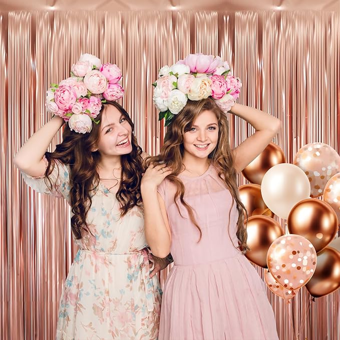 GOER 3.2 ft x 8.2 ft Metallic Tinsel Foil Fringe Curtains for Party Photo Backdrop Wedding Decor (4 Pcs,Matte Rose Gold), One Size
