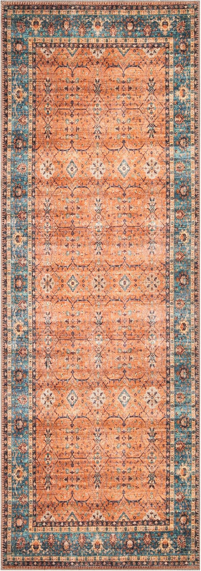 Bloom Rugs Washable Non-Slip 7 ft Runner - Orange/Teal Blue Traditional Bordered Runner for Entryway, Hallway, Bathroom, and Kitchen - Exact Size: 2.5' x 7'