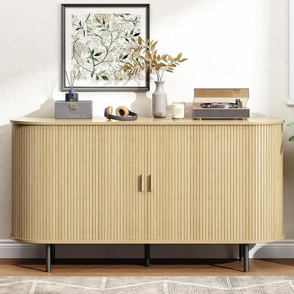 Buffet Cabinet with Storage, Fluted Sideboard Buffet with Sliding Door, Coffee Bar Cabinet with Adjustable Shelf, Console Table, Accent Table for Entryway, Kitchen (Oak, 55 Inch)
