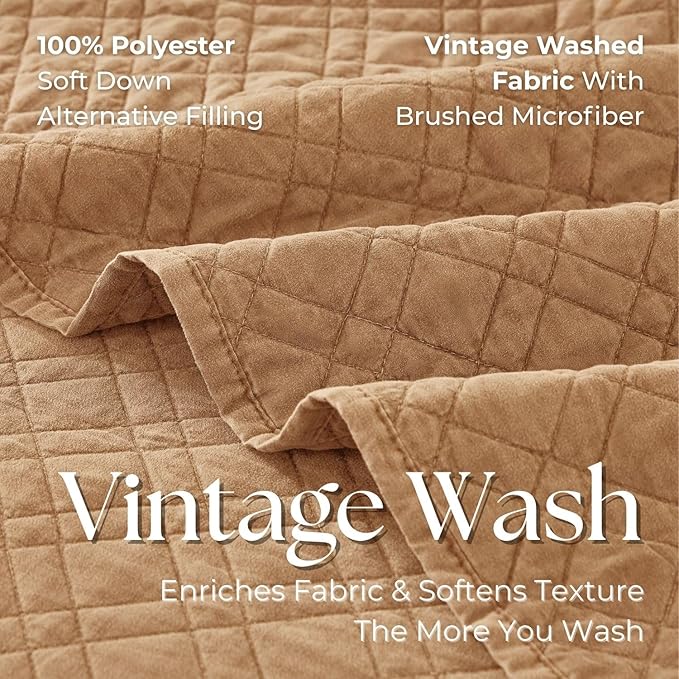 King Quilt Set with Shams Lightweight Quilted Bedspread Coverlet Thin Comforter Bed Cover Vintage Washed Quilted Blanket for All Season, Brushed Microfiber Diamond Stitching, Brown, 104"x92"