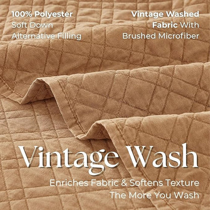 DOWN HOME Twin Quilt Set with Sham Lightweight Quilted Bedspread Coverlet Thin Comforter Bed Cover Vintage Washed Quilted Blanket for All Season, Brushed Microfiber Diamond Stitching, Brown, 66"x92"