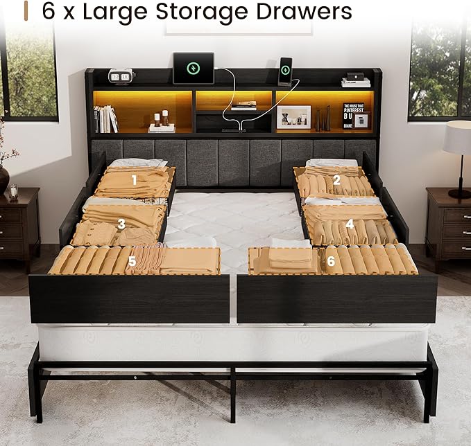 Queen Bed Frame with 6 Storage Drawers, Linen Upholstered Headboard, Built-in USB Charging Station & LED Lighting, Silent Metal Support, No Box Spring Needed, Vintage Black