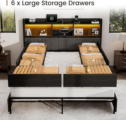 Queen Bed Frame with 6 Storage Drawers, Linen Upholstered Headboard, Built-in USB Charging Station & LED Lighting, Silent Metal Support, No Box Spring Needed, Vintage Black