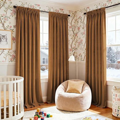 Lazzzy Velvet Blackout Curtains Thermal Insulated Room Window Drapes Super Soft Luxury Curtains for Living Room Bedroom Rod Pocket 2 Panels, Gold Brown, 52" W x 108" L