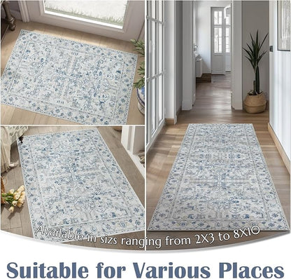 jinchan Lima Kitchen Runner Rug 3x8-2pcs, Bohemian Hallway Washable Rug Floral Non Slip with Rubber Backing Vintage Carpet Runner for Bedroom Bathroom Laundry Room Living Room Decor Blue