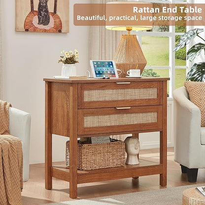 LEYAOYAO 31.5" Wide Rattan Night Stand with Charger Station, Oversized Large Boho Nightstand with 2 Drawer, Tea Brown Bed Side End Tables, Tall Bedside Table for Bedroom Living Room, Hallway