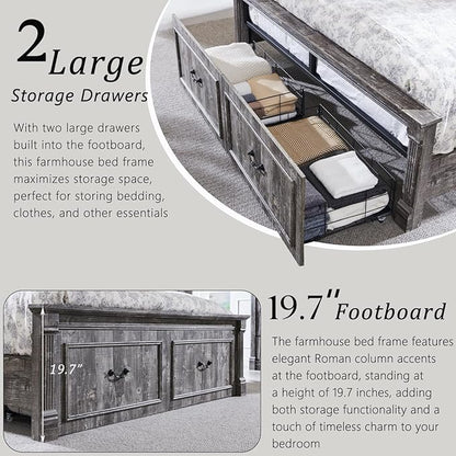 Farmhouse Queen Size Bed Frame with 51" Tall Headboard, Wood Platform Bed Frame with 20" Tall Roman Column Decoration Footboard & 2 Large Storage Drawers, No Box Spring Needed (Light Grey)