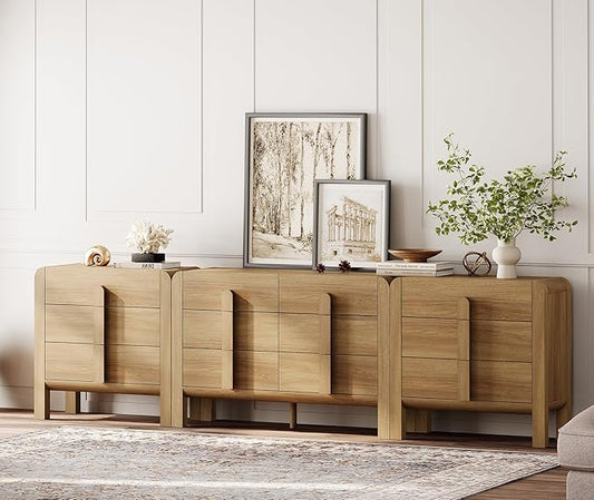 WAMPAT 3 Piece Bedroom Dresser Set, 110.2" Wide 12 Drawers Wood Dresser, Mid-Century Modern Storage Chest with Curved Handles for Bedroom, Living Room (Light Walnut)