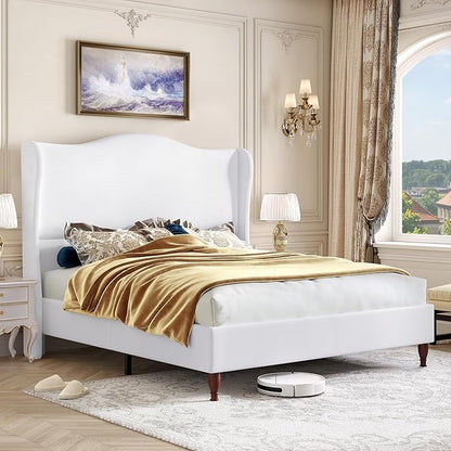 koorlian King Size Bed Frame with 51" Tall Headboard, Fully Upholstered Platform Bed Frame with with Soft Fabric, Sleigh Wingback, Solid Wood Retro Legs, Modern Minimalist Style, Easy Assembly, White