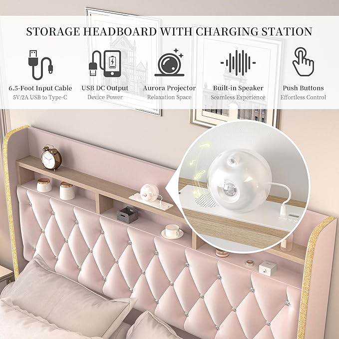Queen LED Bed Frame with Storage Drawers, Velvet Upholstered Platform Beds with Galaxy Star Projector Charging Station Speaker, Aurora Bedframe with 2-Tier Storage Headboard, Noise-Free, Pink