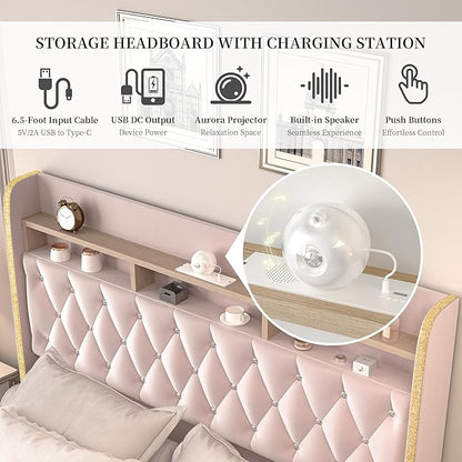 Full LED Bed Frame with Storage Drawers, Velvet Upholstered Platform Beds with Galaxy Star Projector Charging Station Speaker, Aurora Bedframe with 2-Tier Storage Headboard, Noise-Free, Pink