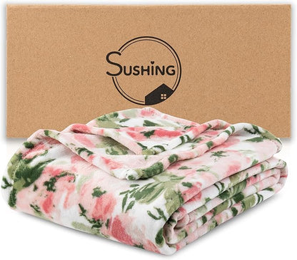 Luxury Printed Fleece Warm Blanket, Soft Lightweight Velvety Plush Throw for Couch and Bed, Cozy Comfy for All Seasons(Ivory Pink Flowers, 108×90 Inches)