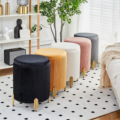 Mxfurhawa Round Ottoman Foot Stool with Storage and Metal Legs for Living Room Bedroom, Velvet Upholstered Footrest Stool Support 300lbs Modern Padded Seat Ottoman Coffee Table (Black)